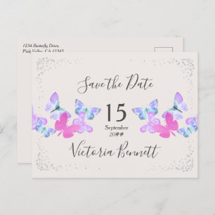 Carte Postale Faire-part Papillon Ciel rose Argent Confetti Enregistrer la 