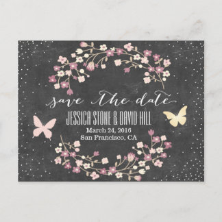 Carte Postale Faire-part Papillon et fleurs sur tableau noir Enregistrez la
