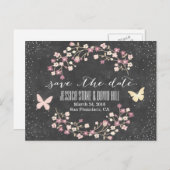 Carte Postale Faire-part Papillon et fleurs sur tableau noir Enregistrez la (Devant / Derrière)