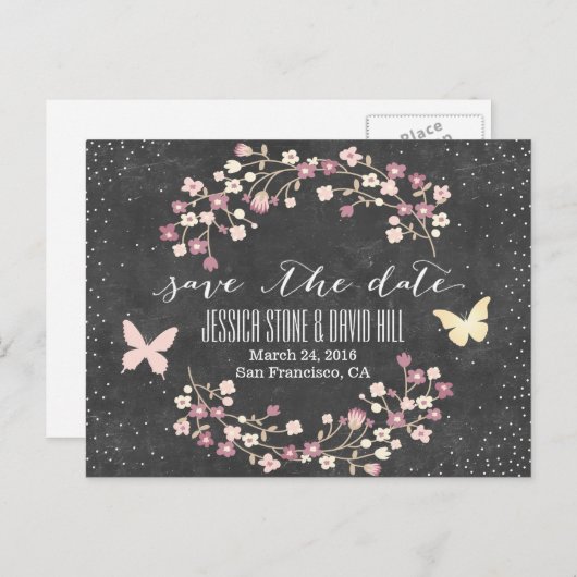 Carte Postale Faire-part Papillon et fleurs sur tableau noir Enregistrez la (Devant / Derrière)