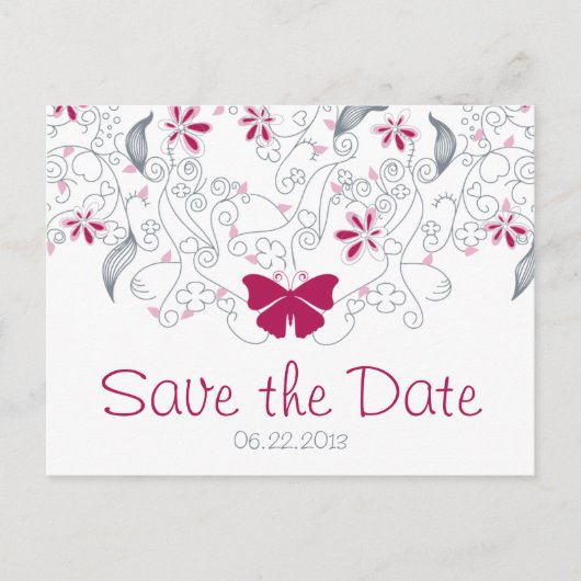 Carte Postale Faire-part Papillon rose foncé Whimsy Enregistrer la date Car (Devant)