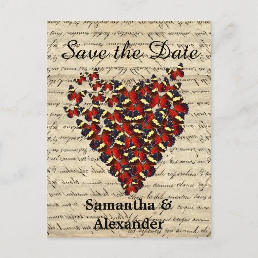 Carte Postale Faire-part Papillon rouge romantique cœur save the date (Devant)