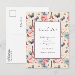 Carte Postale Faire-part Papillon Tour Eiffel et Mariage Motif Rose