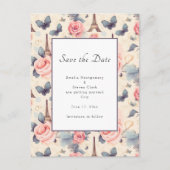 Carte Postale Faire-part Papillon Tour Eiffel et Mariage Motif Rose (Devant)