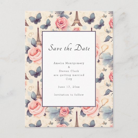 Carte Postale Faire-part Papillon Tour Eiffel et Mariage Motif Rose (Devant)