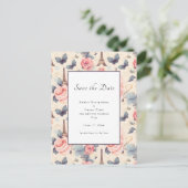 Carte Postale Faire-part Papillon Tour Eiffel et Mariage Motif Rose (Debout devant)