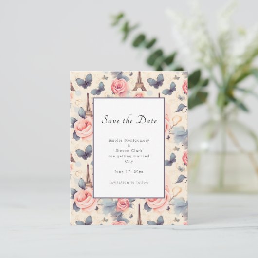 Carte Postale Faire-part Papillon Tour Eiffel et Mariage Motif Rose (Debout devant)