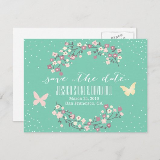 Carte Postale Faire-part Papillon vert de printemps et fleurs Enregistrez l (Devant / Derrière)