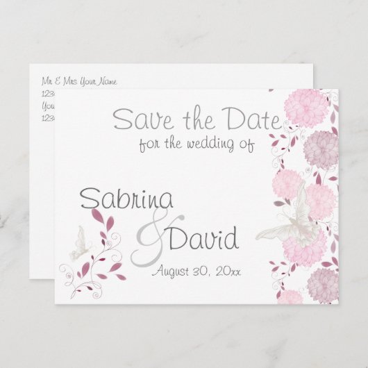 Carte Postale Faire-part Papillons & Chrysanthème rose Enregistrer la date (Devant / Derrière)