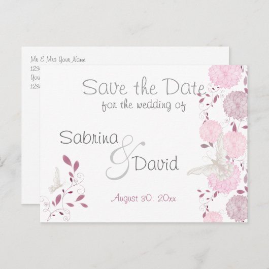 Carte Postale Faire-part Papillons & Chrysanthème rose Enregistrer la date (Devant / Derrière)