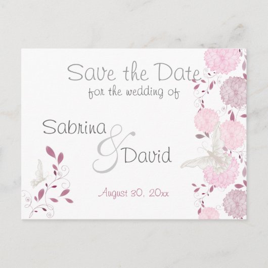 Carte Postale Faire-part Papillons & Chrysanthème rose Enregistrer la date (Devant)