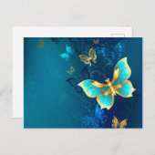 Carte Postale Faire-part Papillons dorés sur fond bleu (Devant / Derrière)