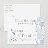 Carte Postale Faire-part Papillons et chrysanthèmes bleus Enregistrer la da (Devant / Derrière)