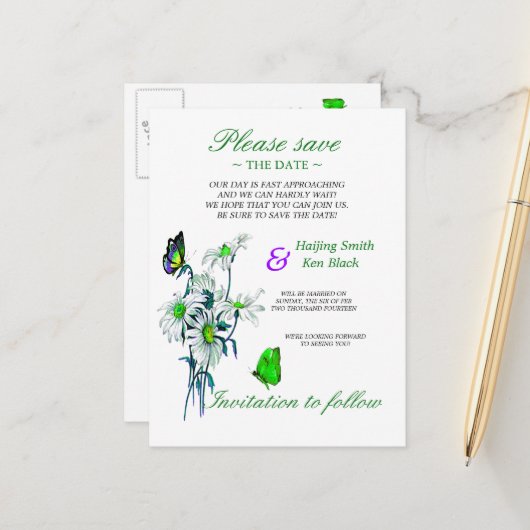 Carte Postale Faire-part Papillons Et Marguerites Vert Enregistrer La Date (Devant/Arrière en situation)