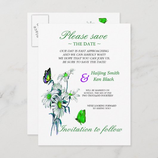 Carte Postale Faire-part Papillons Et Marguerites Vert Enregistrer La Date (Devant / Derrière)