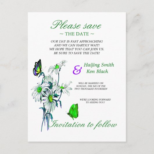 Carte Postale Faire-part Papillons Et Marguerites Vert Enregistrer La Date (Devant)