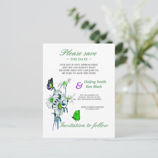 Carte Postale Faire-part Papillons Et Marguerites Vert Enregistrer La Date (Debout devant)