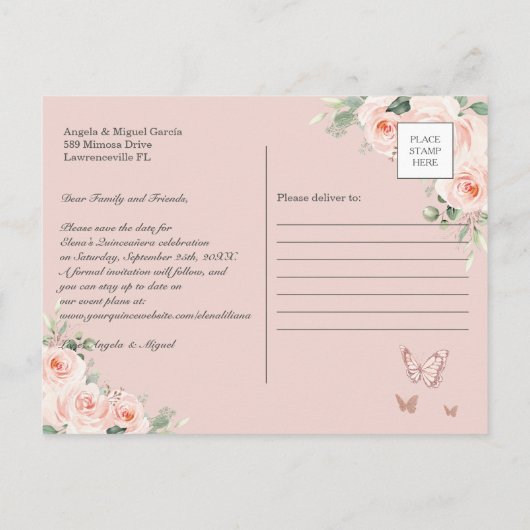 Carte Postale Faire-part Papillons Roses en or Blush Quinceañera (Dos)