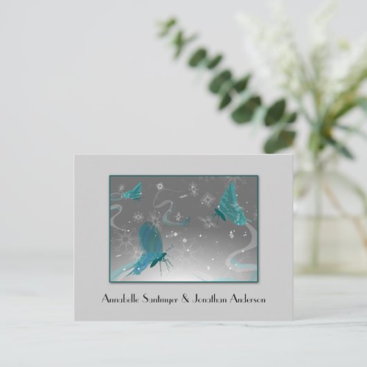 Carte Postale Faire-part Papillons turquoises et gris Enregistrer la date (Debout devant)