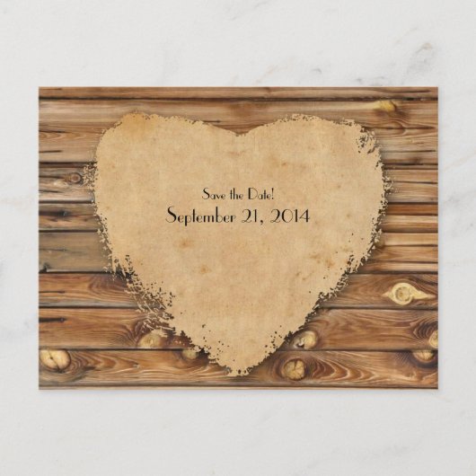 Carte Postale Faire-part Parchemin de bois Coeur taché Enregistrer la date (Devant)