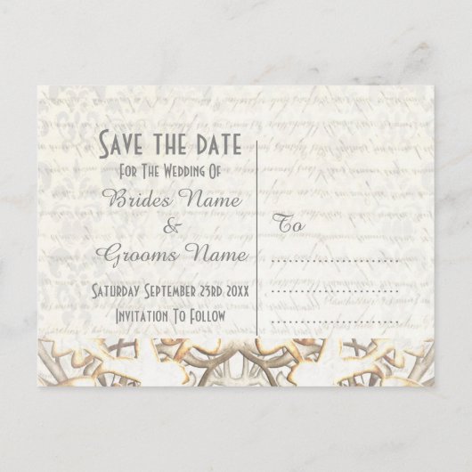 Carte Postale Faire-part Parchemin en dentelle blanche enregistrer la date (Dos)
