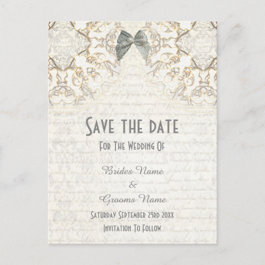 Carte Postale Faire-part Parchemin en dentelle blanche enregistrer la date (Devant)