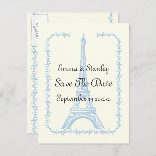 Carte Postale Faire-part Paris mariage bleu Tour Eiffel Enregistrer la date (Devant / Derrière)