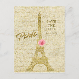 Carte Postale Faire-part Paris Tour Eiffel Or & rose SAUVER LA DATE