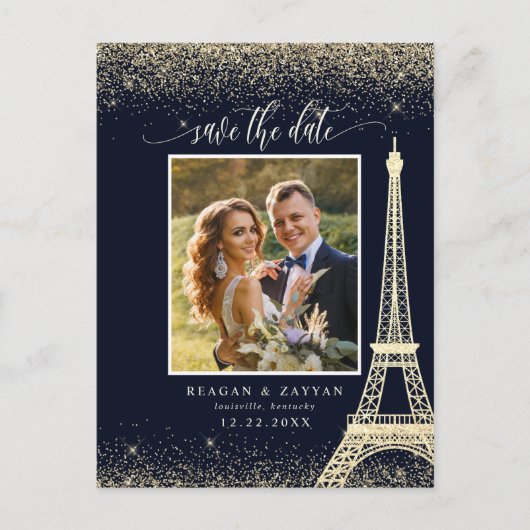 Carte Postale Faire-part Paris Tour Eiffel Photo Or Enregistrer La Date (Devant)