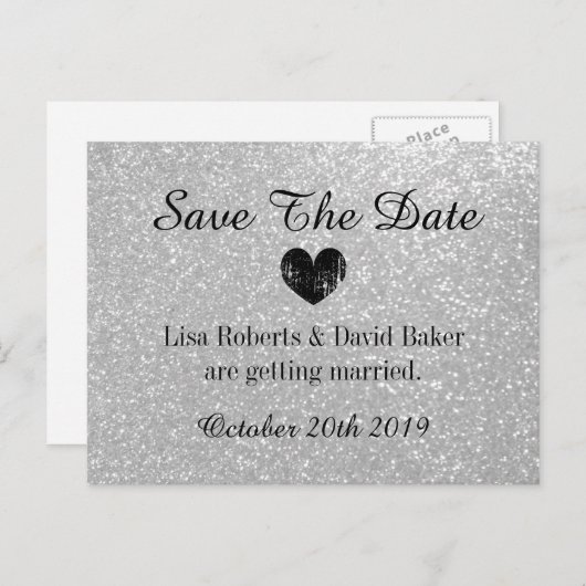 Carte Postale Faire-part Parties scintillant Argent Enregistrer la date mar (Devant / Derrière)