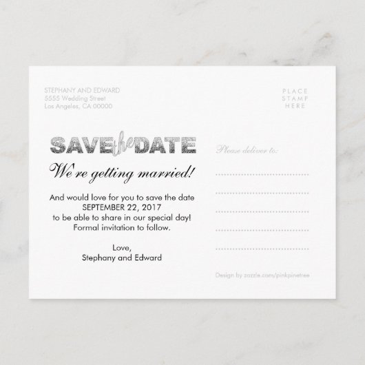 Carte Postale Faire-part Parties scintillant argent faux Enregistrer la dat (Dos)