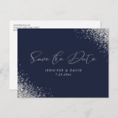 Carte Postale Faire-part Parties scintillant Argent Marine Bleu Mariage Enr (Devant / Derrière)