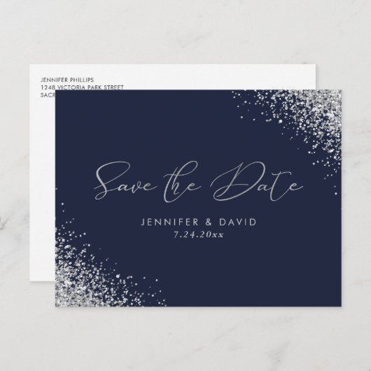 Carte Postale Faire-part Parties scintillant Argent Marine Bleu Mariage Enr (Devant / Derrière)