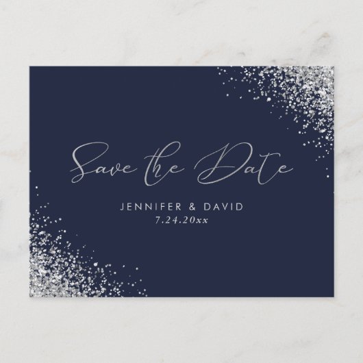 Carte Postale Faire-part Parties scintillant Argent Marine Bleu Mariage Enr (Devant)