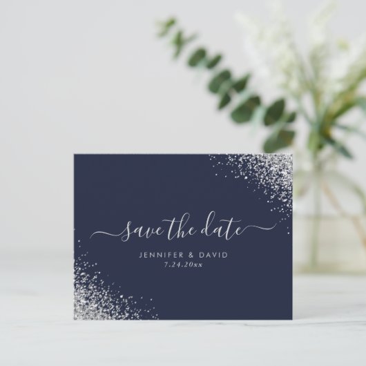 Carte Postale Faire-part Parties scintillant Argent Marine Bleu Mariage Enr (Debout devant)