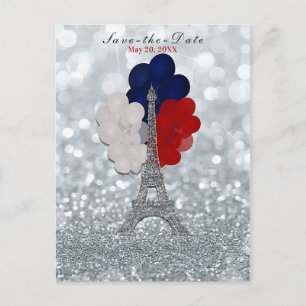 Carte Postale Faire-part Parties scintillant d'argent Tour Eiffel Rouge Ble