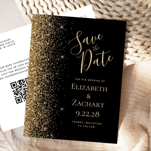 Carte Postale Faire-part Parties scintillant d'or Code QR noir Enregistrer