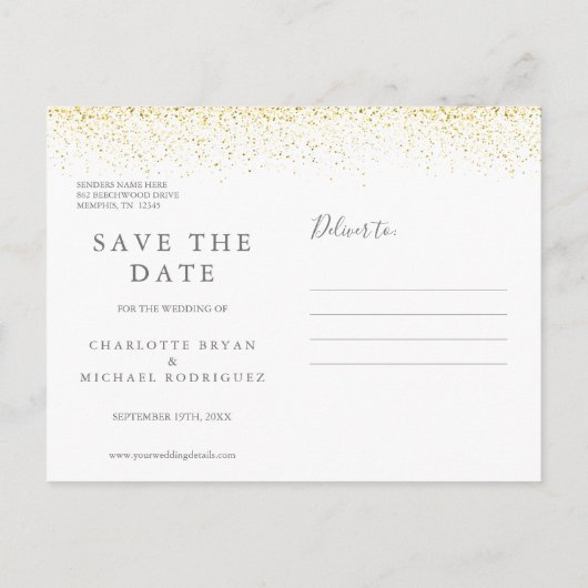Carte Postale Faire-part Parties scintillant d'or Signature Mariage Enregis (Dos)