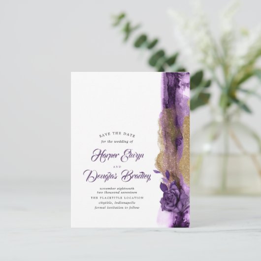 Carte Postale Faire-part Parties scintillant Eggplant Purple et Gold Enregi (Debout devant)