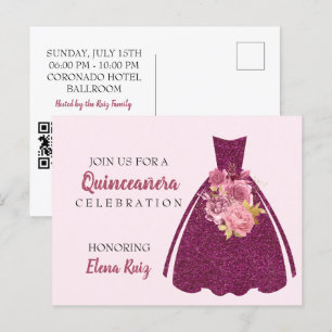Carte Postale Faire-part Parties scintillant moderne Quinceañera Gown QR Co