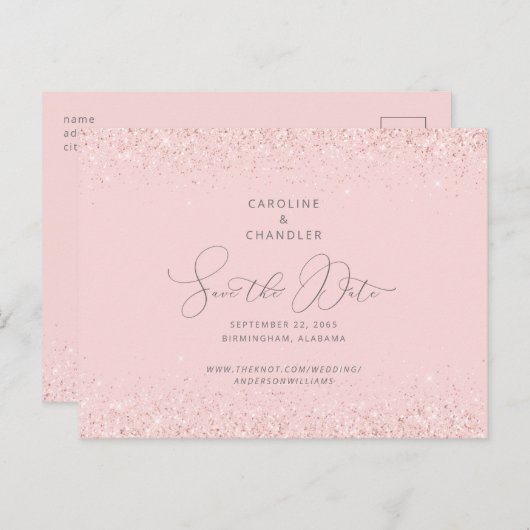 Carte Postale Faire-part Parties scintillant rose et argent mariage Enregis (Devant / Derrière)