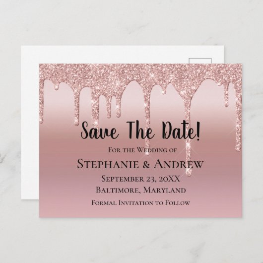 Carte Postale Faire-part Parties scintillant Rose personnalisé à goutte d'o (Devant / Derrière)