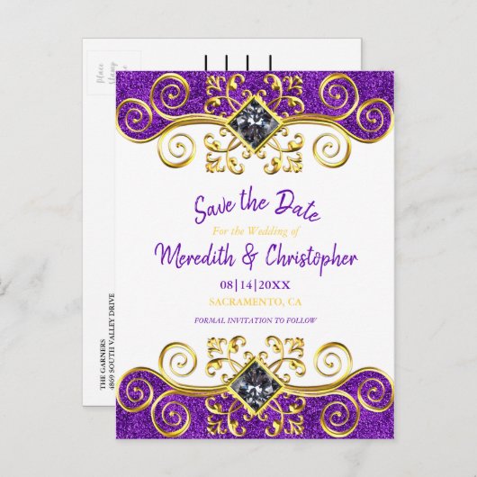 Carte Postale Faire-part Parties scintillant royale violet Gold Gemstone En (Devant / Derrière)