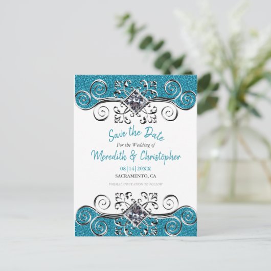 Carte Postale Faire-part Parties scintillant turquoise Bling Wedding Enregi (Debout devant)