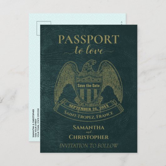 Carte Postale Faire-part Passeport turquoise Mariage amusant Enregistrer la (Devant / Derrière)