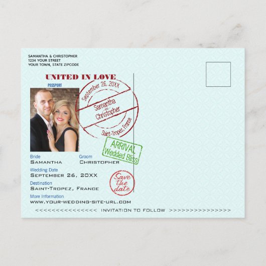 Carte Postale Faire-part Passeport turquoise Mariage amusant Enregistrer la (Dos)