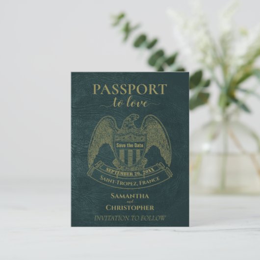 Carte Postale Faire-part Passeport turquoise Mariage amusant Enregistrer la (Debout devant)