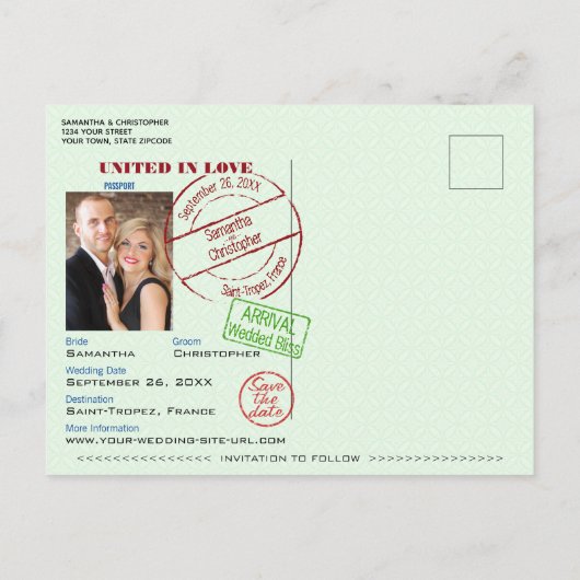 Carte Postale Faire-part Passeport vert mignon mariage amusant Enregistrer (Dos)