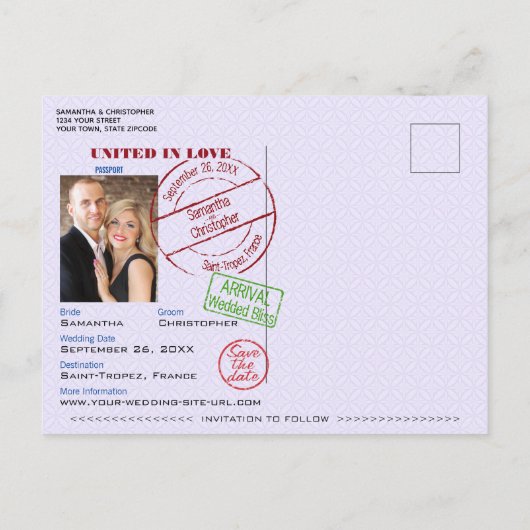 Carte Postale Faire-part Passeport Violet Mignon Mariage Enregistrer la Dat (Dos)