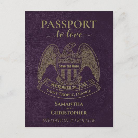 Carte Postale Faire-part Passeport Violet Mignon Mariage Enregistrer la Dat (Devant)